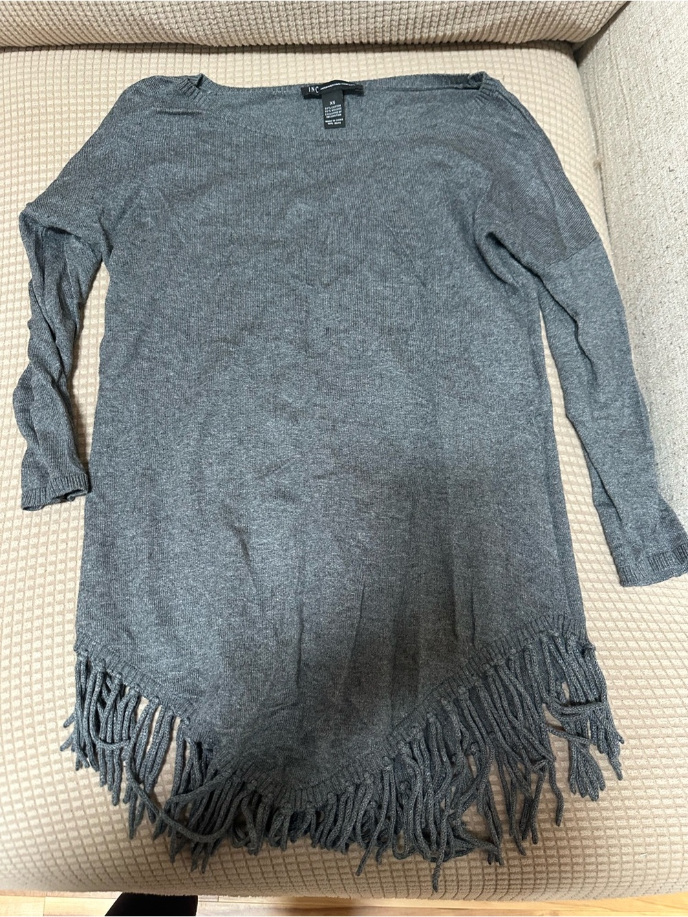 INC International Concepts Charcoal Fringe-Hem Knit Poncho Sweater
